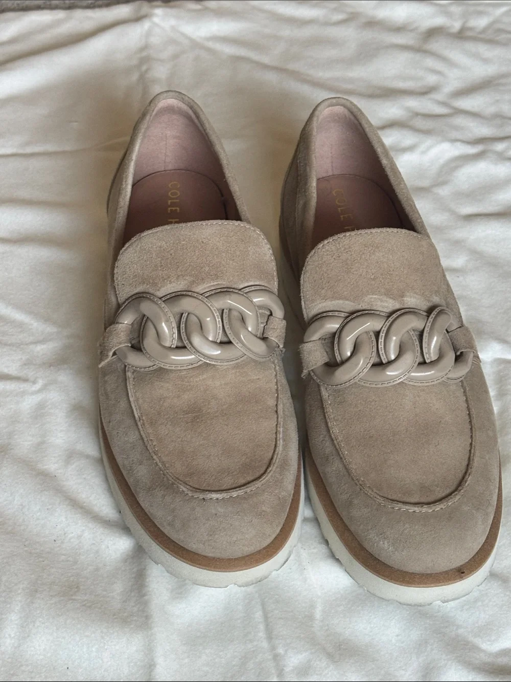 Cole Haan Neutral Taupe Suede Loafers with Glossy Chain
